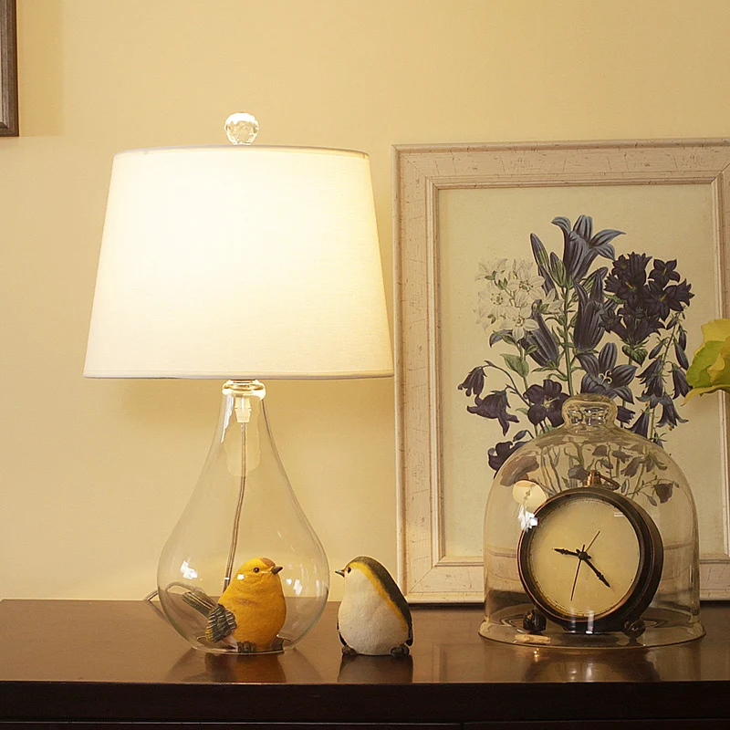 Nordic Empire Shade Tafellamp Stof Enkele Woonkamer Nachtkastje Lamp met Peer Helder Glazen Voet Wit Clearhalo