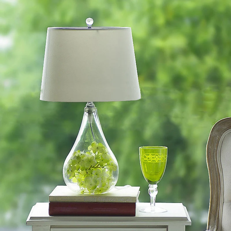 Nordic Empire Shade Tafellamp Stof Enkele Woonkamer Nachtkastje Lamp met Peer Helder Glazen Voet Wit Clearhalo