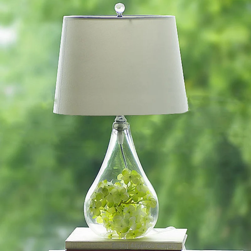 Nordic Empire Shade Tafellamp Stof Enkele Woonkamer Nachtkastje Lamp met Peer Helder Glazen Voet Wit Clearhalo