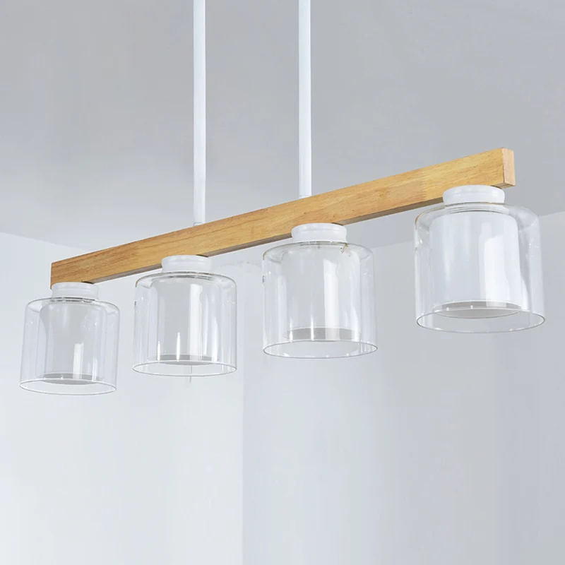 Nordic Linear Island Light Wood 3/4 Heads Eetkamer Hanglamp met cilindervormige witte glazen kap aan de binnenkant Clearhalo