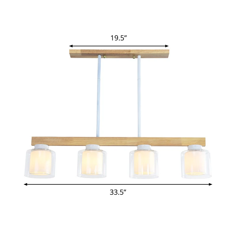 Nordic Linear Island Light Wood 3/4 Heads Eetkamer Hanglamp met cilindervormige witte glazen kap aan de binnenkant Clearhalo