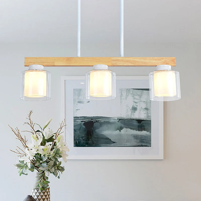 Nordic Linear Island Light Wood 3/4 Heads Eetkamer Hanglamp met cilindervormige witte glazen kap aan de binnenkant Clearhalo