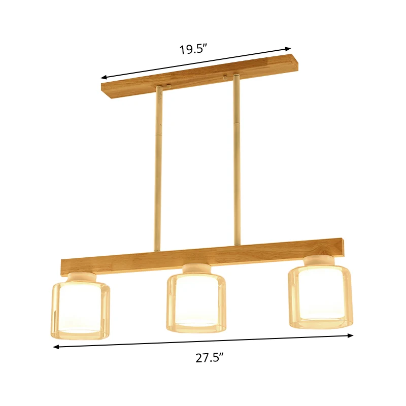 Nordic Linear Island Light Wood 3/4 Heads Eetkamer Hanglamp met cilindervormige witte glazen kap aan de binnenkant Clearhalo