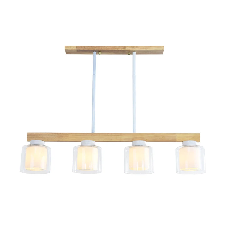 Nordic Linear Island Light Wood 3/4 Heads Eetkamer Hanglamp met cilindervormige witte glazen kap aan de binnenkant Clearhalo