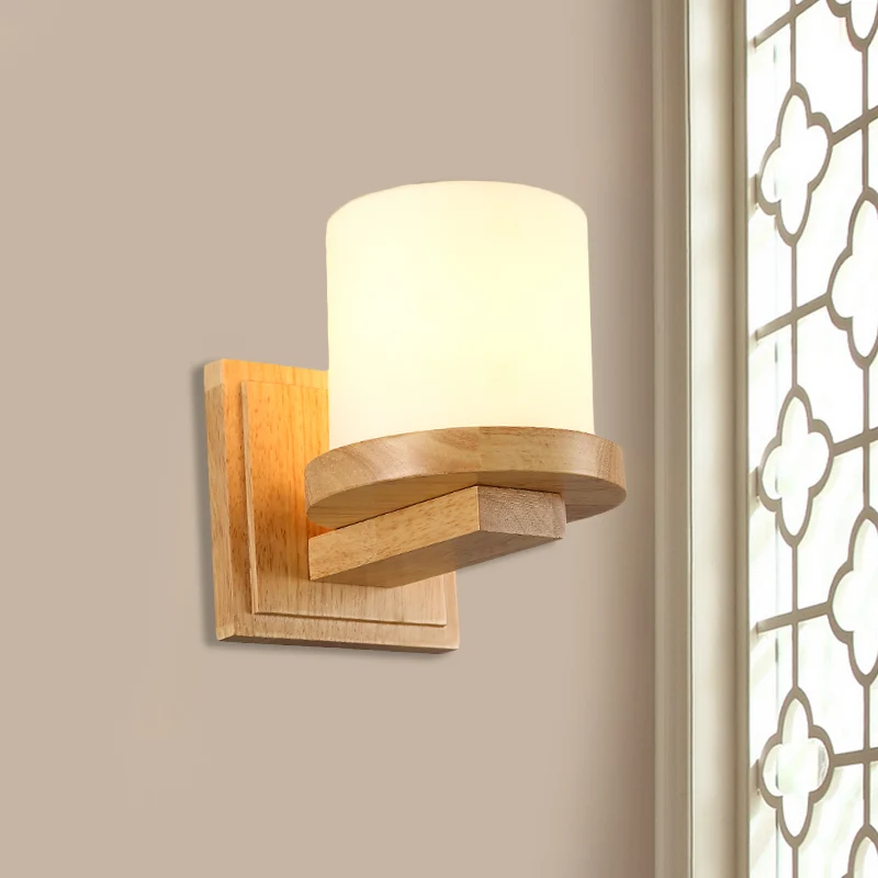 Nordic Pillar Opaal Mat Glazen Wandlamp 1-Licht Schans Lichtarmatuur met Houten Arm Clearhalo
