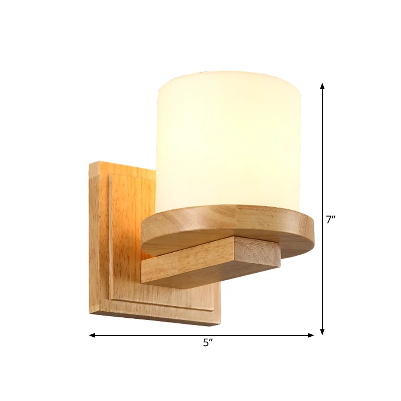 Nordic Pillar Opaal Mat Glazen Wandlamp 1-Licht Schans Lichtarmatuur met Houten Arm Clearhalo