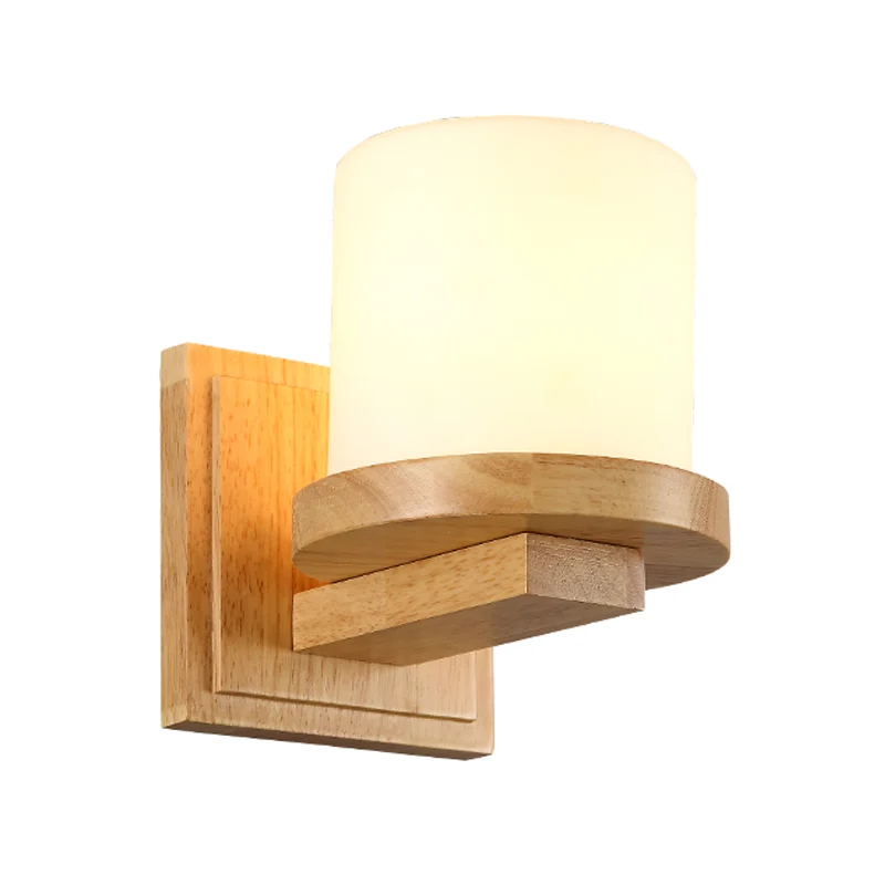 Nordic Pillar Opaal Mat Glazen Wandlamp 1-Licht Schans Lichtarmatuur met Houten Arm Clearhalo