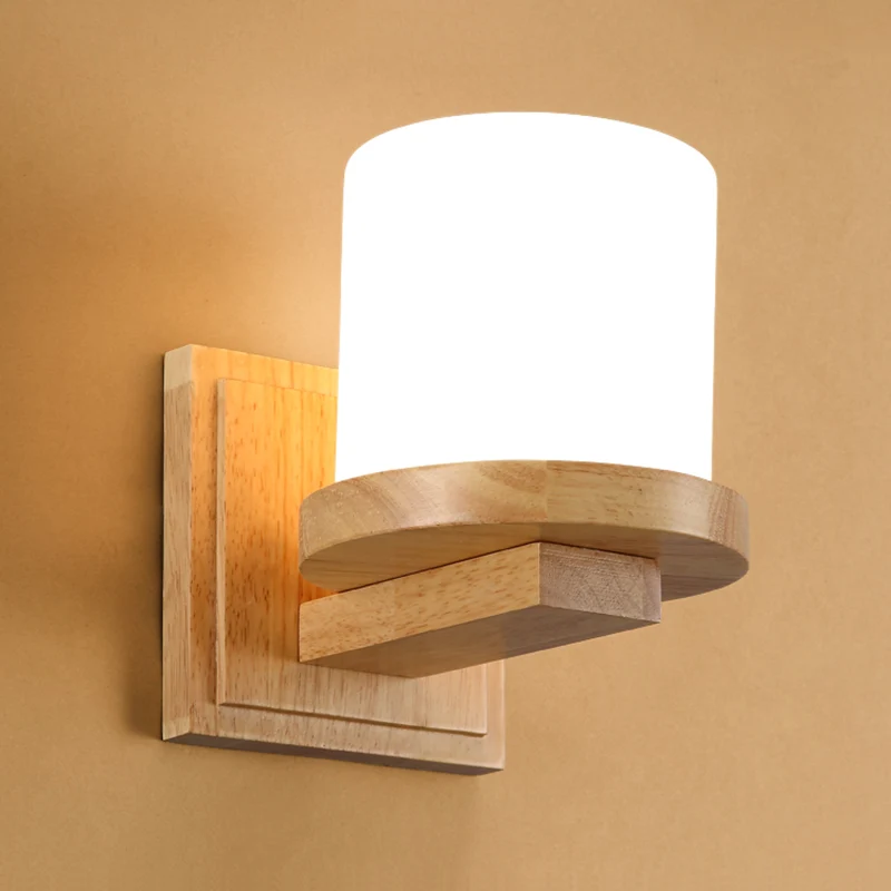 Nordic Pillar Opaal Mat Glazen Wandlamp 1-Licht Schans Lichtarmatuur met Houten Arm Clearhalo