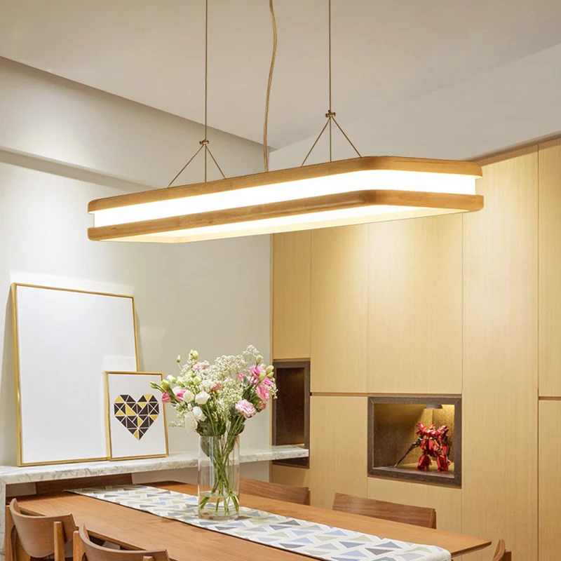 Nordic Simple Wood Island-verlichtingsarmaturen Beige rechthoekige LED-eetkamer hanglamp Clearhalo