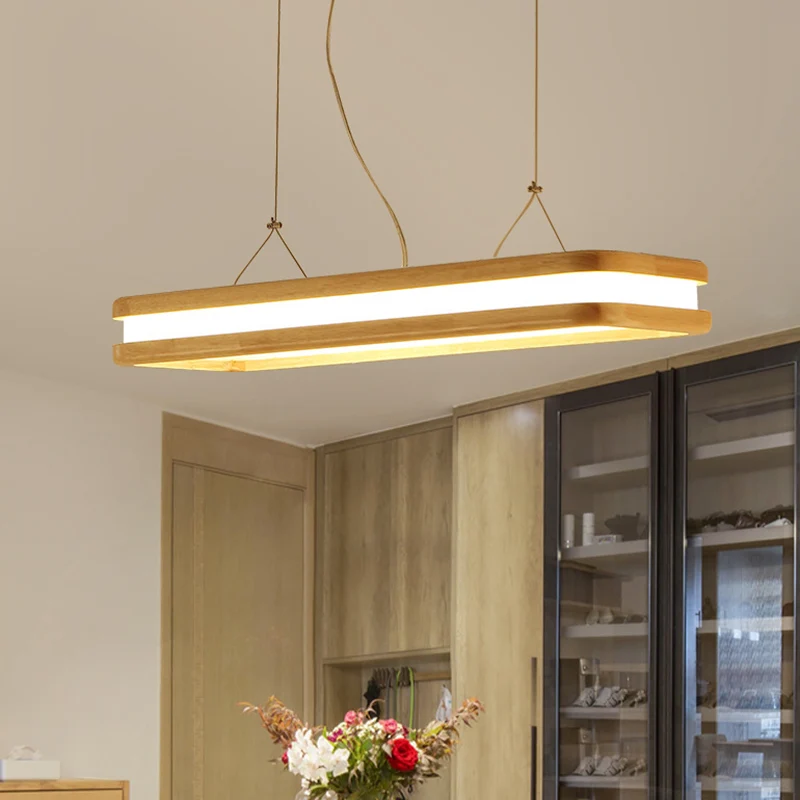 Nordic Simple Wood Island-verlichtingsarmaturen Beige rechthoekige LED-eetkamer hanglamp Clearhalo