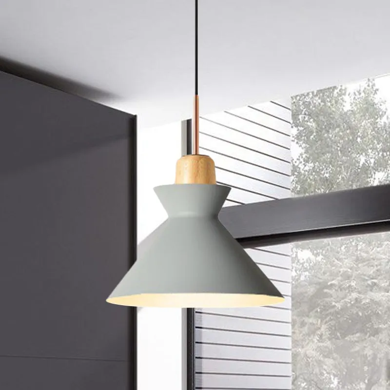 Nordic stijlvolle conische hanglamp 1 lamp metaal en hout hanglamp grijs/wit voor woonkamer Clearhalo