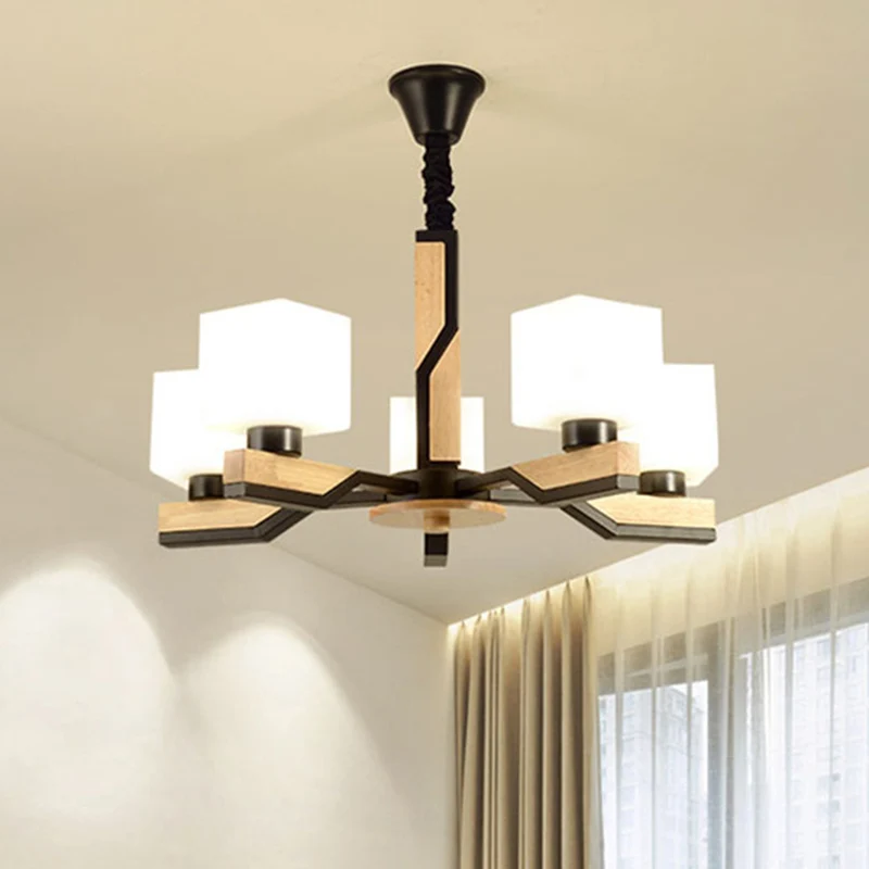 Nordic Style Cube Shade Hanglamp 3/5 Hoofden Houten Plafondkroonluchter voor Woonkamer Clearhalo