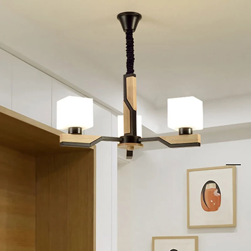 Nordic Style Cube Shade Hanglamp 3/5 Hoofden Houten Plafondkroonluchter voor Woonkamer Clearhalo
