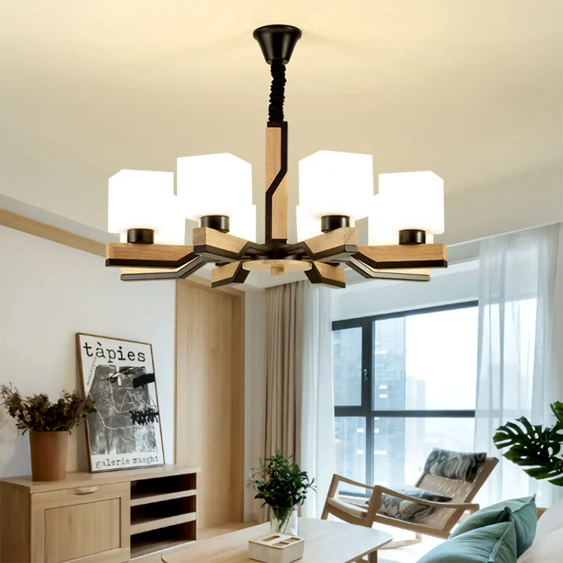 Nordic Style Cube Shade Hanglamp 3/5 Hoofden Houten Plafondkroonluchter voor Woonkamer Clearhalo