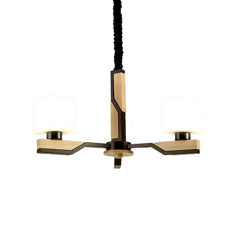 Nordic Style Cube Shade Hanglamp 3/5 Hoofden Houten Plafondkroonluchter voor Woonkamer Clearhalo