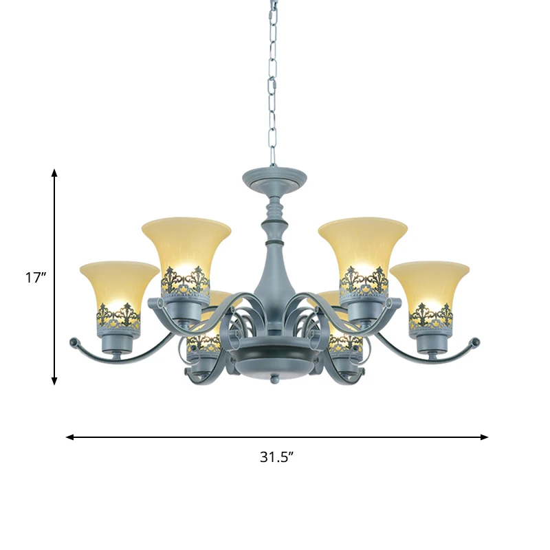 Nordic uitlopende kroonluchter verlichting amberkleurig glas 6-lichts woonkamer hangende plafondlamp met ronde arm blauw C...