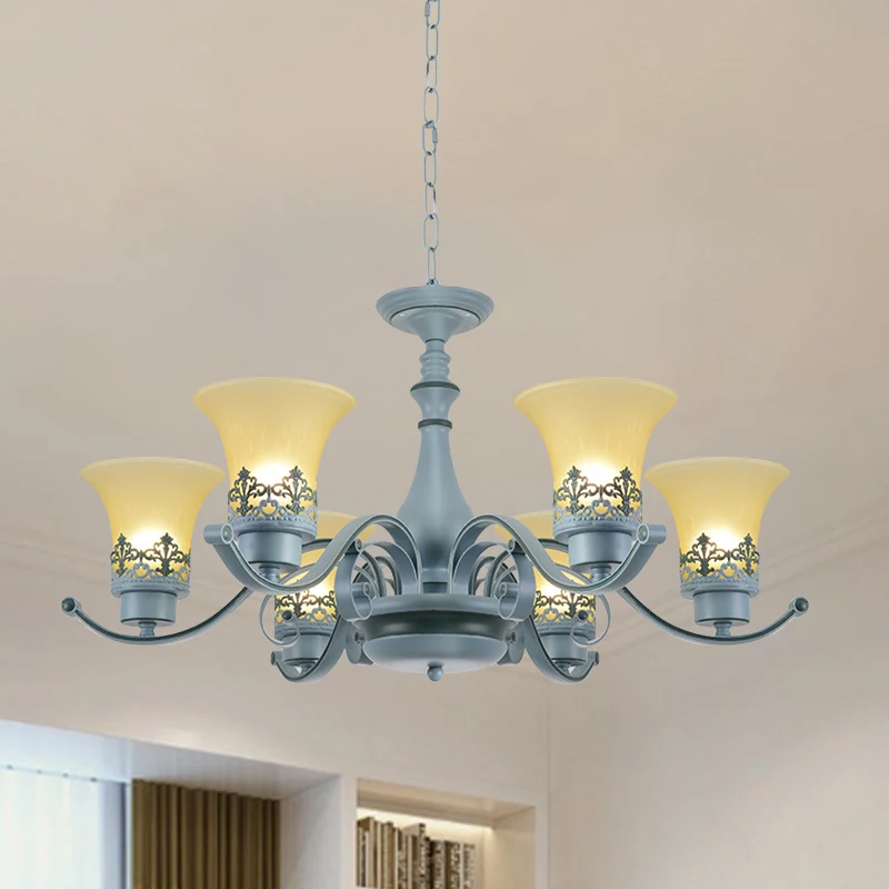 Nordic uitlopende kroonluchter verlichting amberkleurig glas 6-lichts woonkamer hangende plafondlamp met ronde arm blauw C...