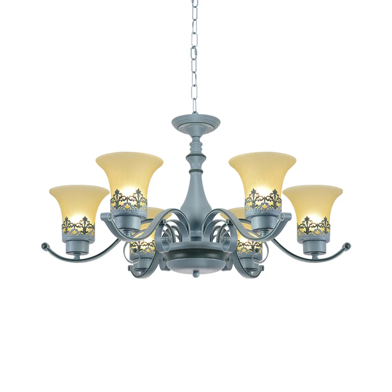 Nordic uitlopende kroonluchter verlichting amberkleurig glas 6-lichts woonkamer hangende plafondlamp met ronde arm blauw C...