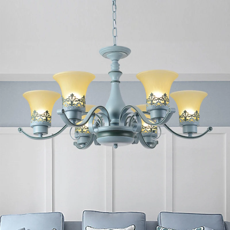 Nordic uitlopende kroonluchter verlichting amberkleurig glas 6-lichts woonkamer hangende plafondlamp met ronde arm blauw C...