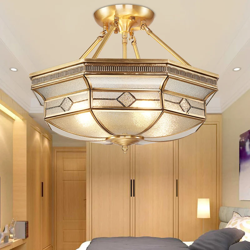 Octagon semi-inbouw plafondlamp Tradition getextureerd glas 1 kop messing plafondmontagelamp voor slaapkamer Clearhalo
