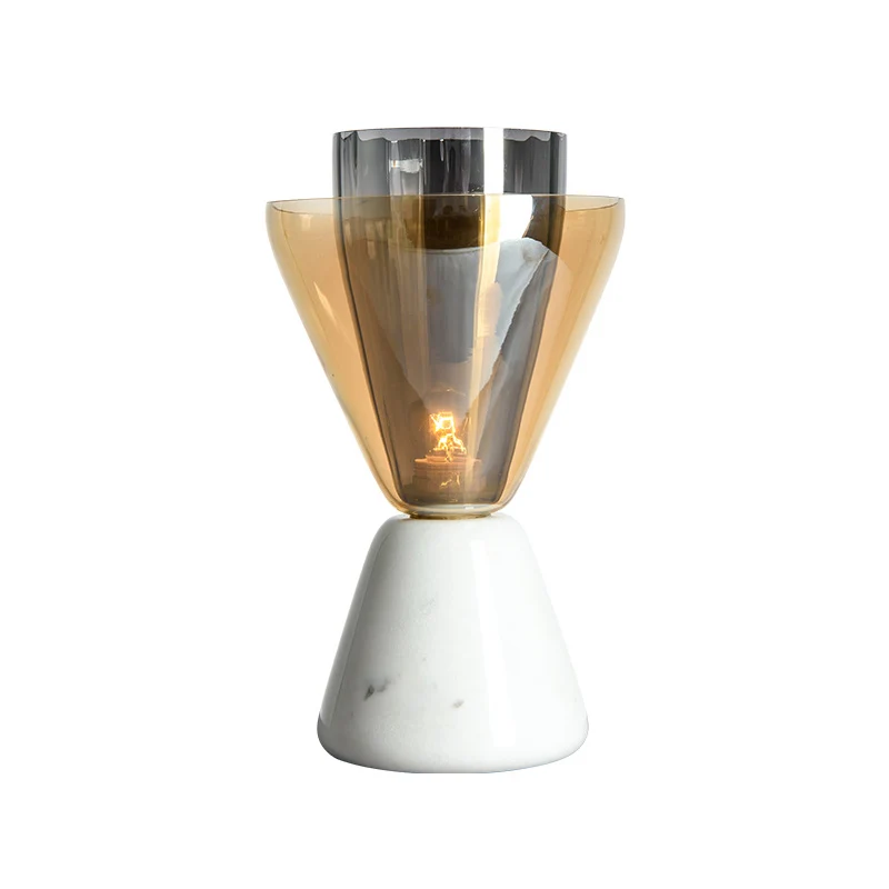 Omgekeerde dubbele conische tafellamp Postmodern amber en rookgrijs glas Enkel woonkamernachtlampje wit Clearhalo