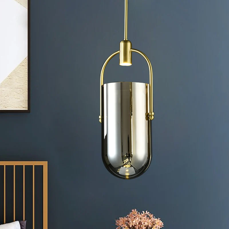 Omgekeerde langwerpige koepel hanglamp Retro nieuwigheid rookgrijs glas messing LED hanglamp met handvat Clearhalo