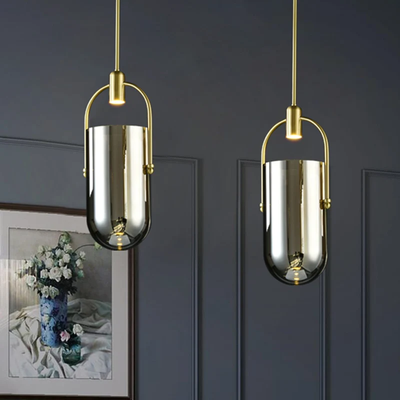 Omgekeerde langwerpige koepel hanglamp Retro nieuwigheid rookgrijs glas messing LED hanglamp met handvat Clearhalo