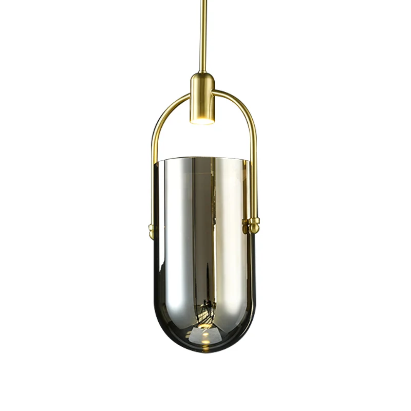 Omgekeerde langwerpige koepel hanglamp Retro nieuwigheid rookgrijs glas messing LED hanglamp met handvat Clearhalo