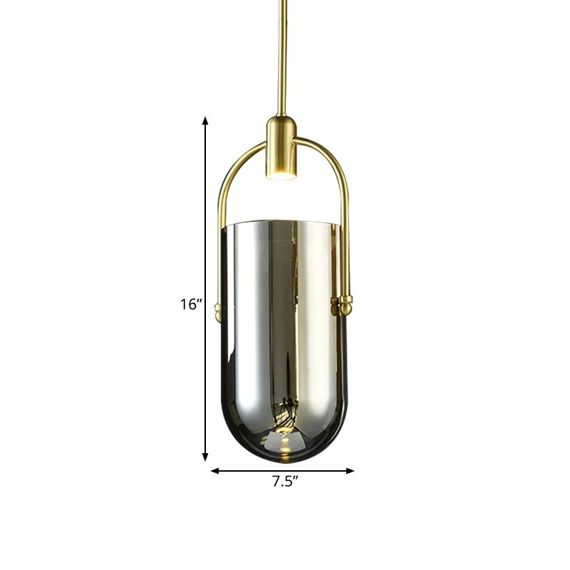 Omgekeerde langwerpige koepel hanglamp Retro nieuwigheid rookgrijs glas messing LED hanglamp met handvat Clearhalo