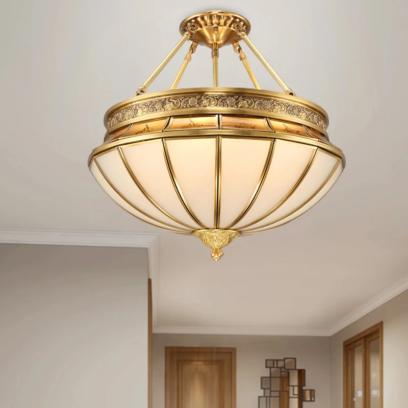Omgekeerde woonkamer semi-inbouwverlichting Koloniaal matglas 4 lampen Messing plafondlamp Clearhalo