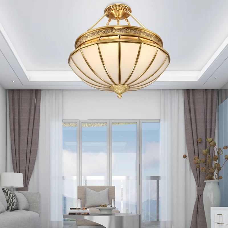 Omgekeerde woonkamer semi-inbouwverlichting Koloniaal matglas 4 lampen Messing plafondlamp Clearhalo
