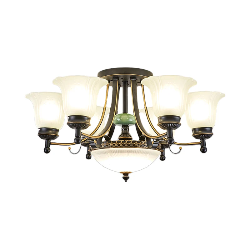 Opaal glazen bloem plafondlamp rustiek 9/11/13 lichten woonkamer semi-inbouwlamp met zwarte arm Clearhalo