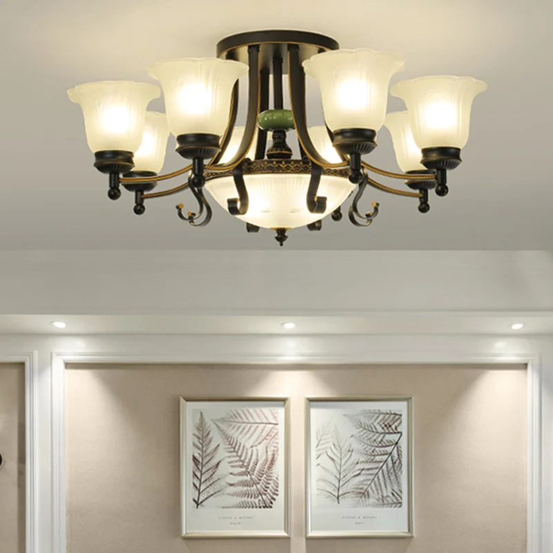 Opaal glazen bloem plafondlamp rustiek 9/11/13 lichten woonkamer semi-inbouwlamp met zwarte arm Clearhalo