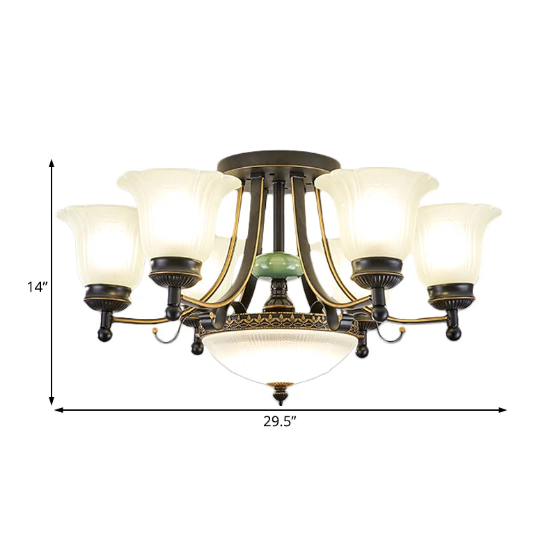 Opaal glazen bloem plafondlamp rustiek 9/11/13 lichten woonkamer semi-inbouwlamp met zwarte arm Clearhalo