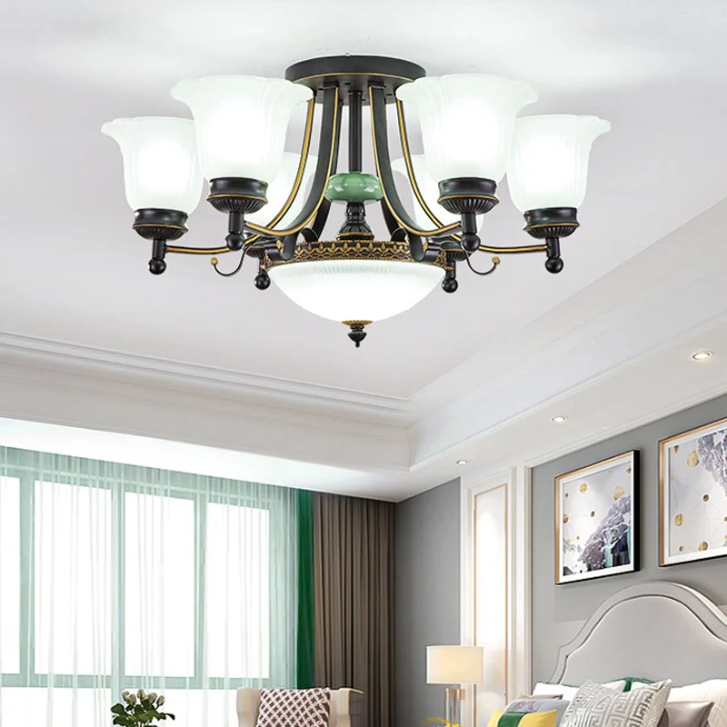 Opaal glazen bloem plafondlamp rustiek 9/11/13 lichten woonkamer semi-inbouwlamp met zwarte arm Clearhalo