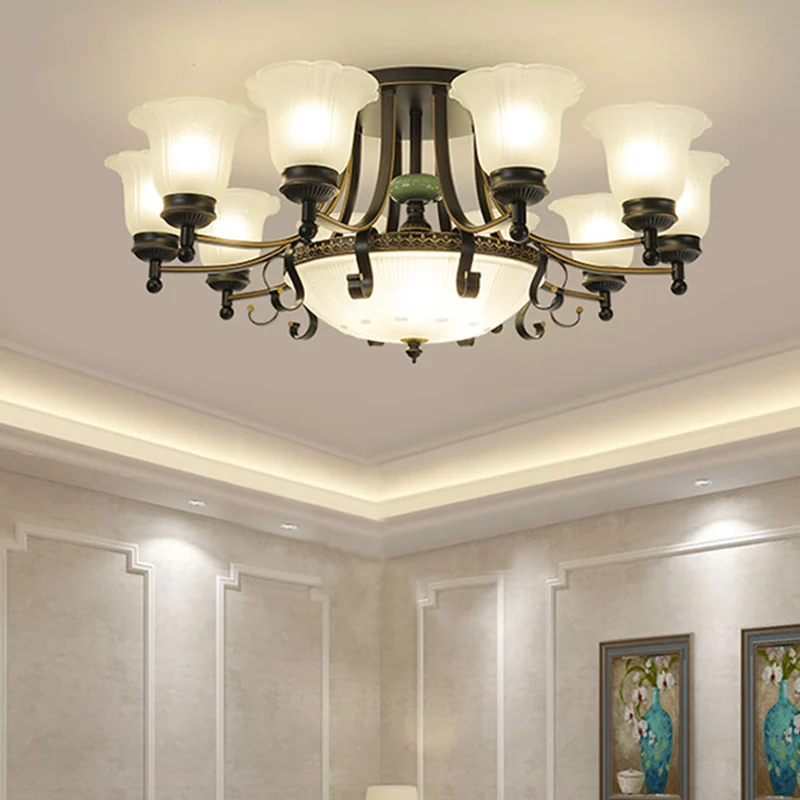 Opaal glazen bloem plafondlamp rustiek 9/11/13 lichten woonkamer semi-inbouwlamp met zwarte arm Clearhalo