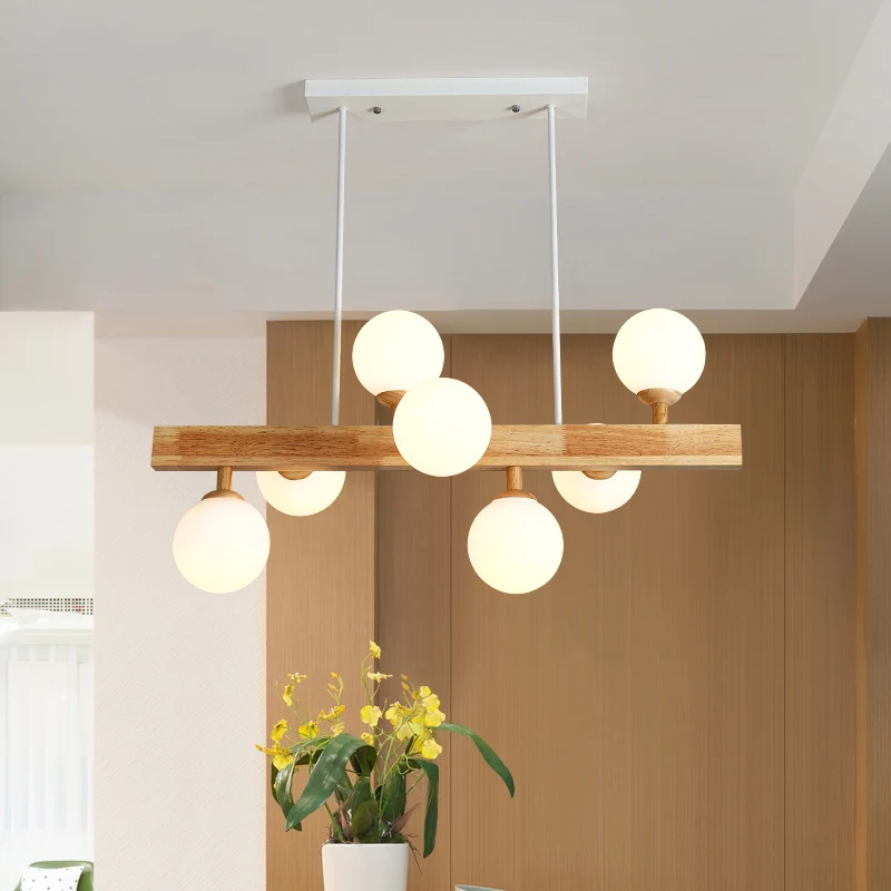 Opaal glazen bol hanglamp Simplicity 7 Heads Island kroonluchter licht hout voor eetkamer Clearhalo