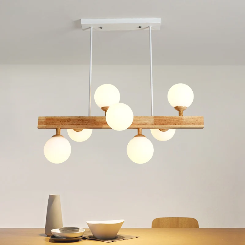 Opaal glazen bol hanglamp Simplicity 7 Heads Island kroonluchter licht hout voor eetkamer Clearhalo