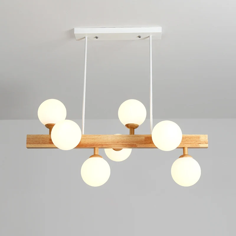 Opaal glazen bol hanglamp Simplicity 7 Heads Island kroonluchter licht hout voor eetkamer Clearhalo