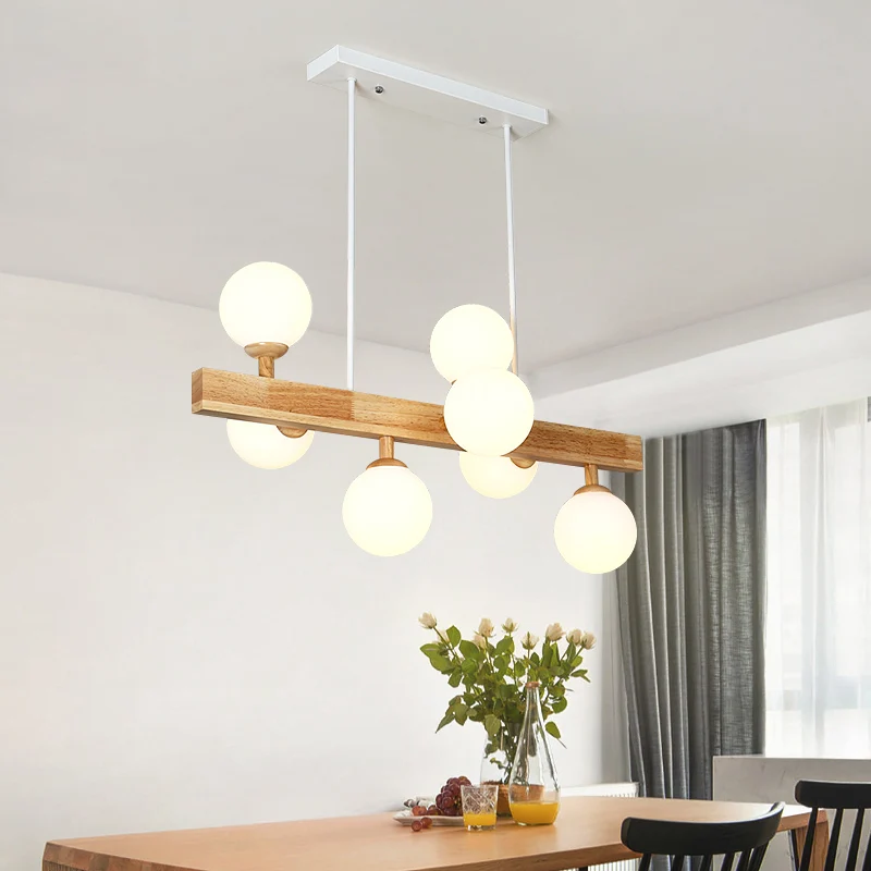 Opaal glazen bol hanglamp Simplicity 7 Heads Island kroonluchter licht hout voor eetkamer Clearhalo