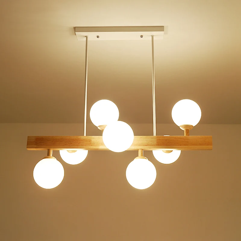 Opaal glazen bol hanglamp Simplicity 7 Heads Island kroonluchter licht hout voor eetkamer Clearhalo