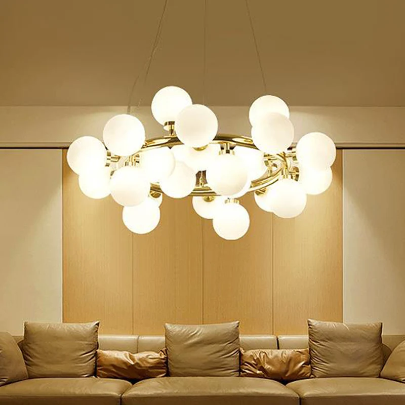 Opaal glazen bol kroonluchter lantaarnpaal moderne 25-lichts gouden hangende hanglamp Clearhalo