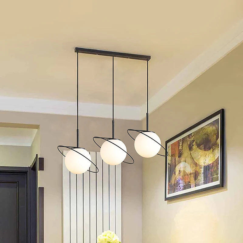 Opaal mat glazen planeet multi-licht hanglamp postmodern 3 lampen zwarte hanglampenset boven eettafel Clearhalo