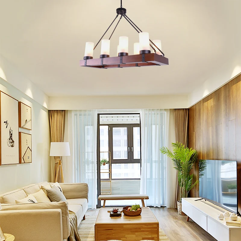 Opaalglas Black Island hangcilinder multi-licht industriële hanglampset met houten rechthoek Clearhalo