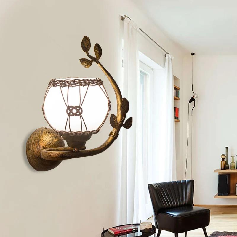 Opaalglas roest schanslamp bubbelkap 1-lichts vintage wandmontage verlichting voor eetkamer met ijzeren bladeren deco Clea...