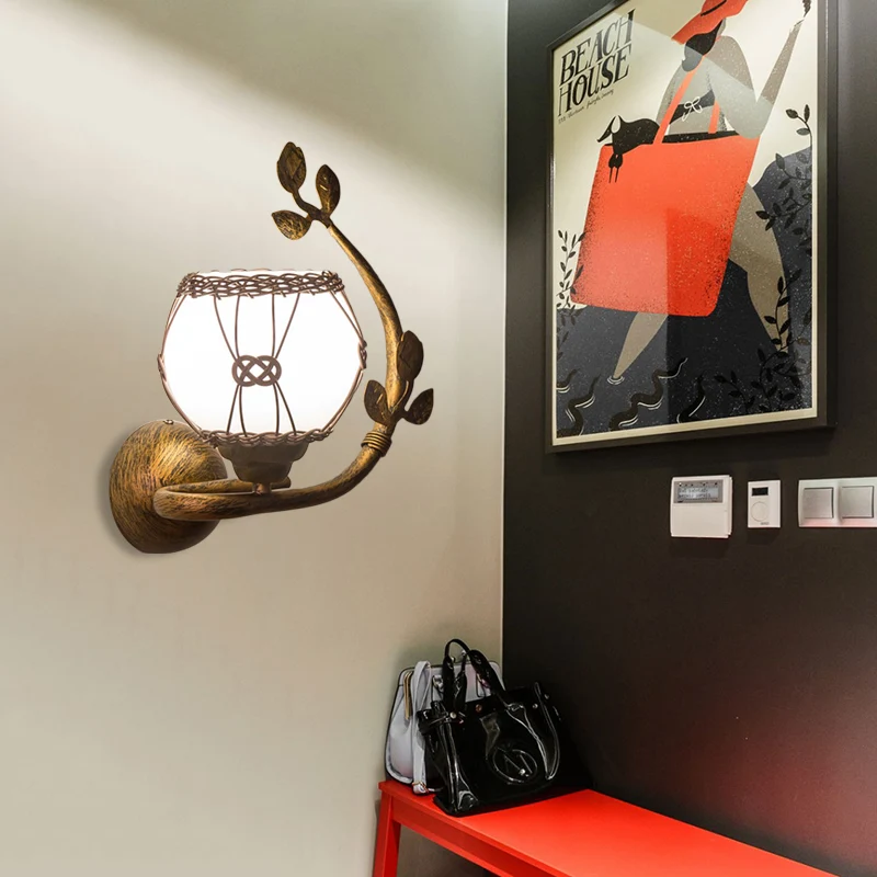 Opaalglas roest schanslamp bubbelkap 1-lichts vintage wandmontage verlichting voor eetkamer met ijzeren bladeren deco Clea...