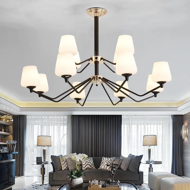 Opaalglas zwarte hanglamp Sputnik 12-lichts traditionele kroonluchterlamp met bekerkap Clearhalo