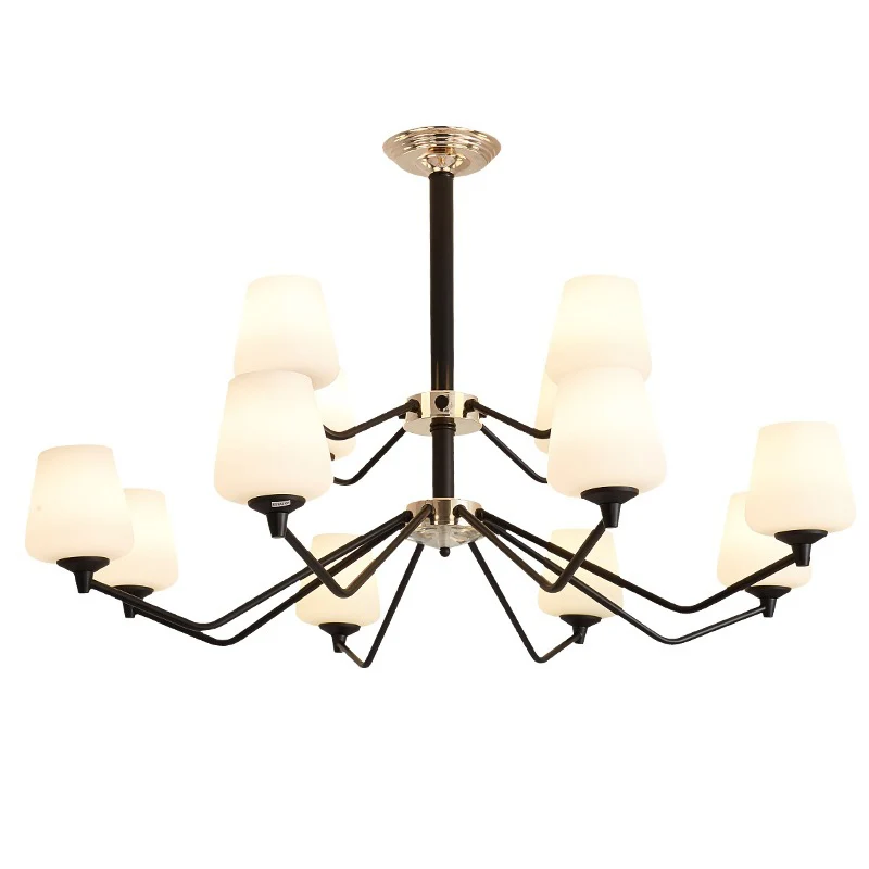 Opaalglas zwarte hanglamp Sputnik 12-lichts traditionele kroonluchterlamp met bekerkap Clearhalo