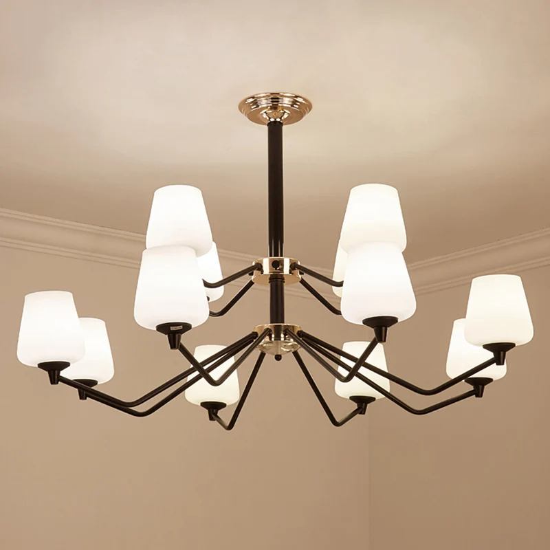 Opaalglas zwarte hanglamp Sputnik 12-lichts traditionele kroonluchterlamp met bekerkap Clearhalo