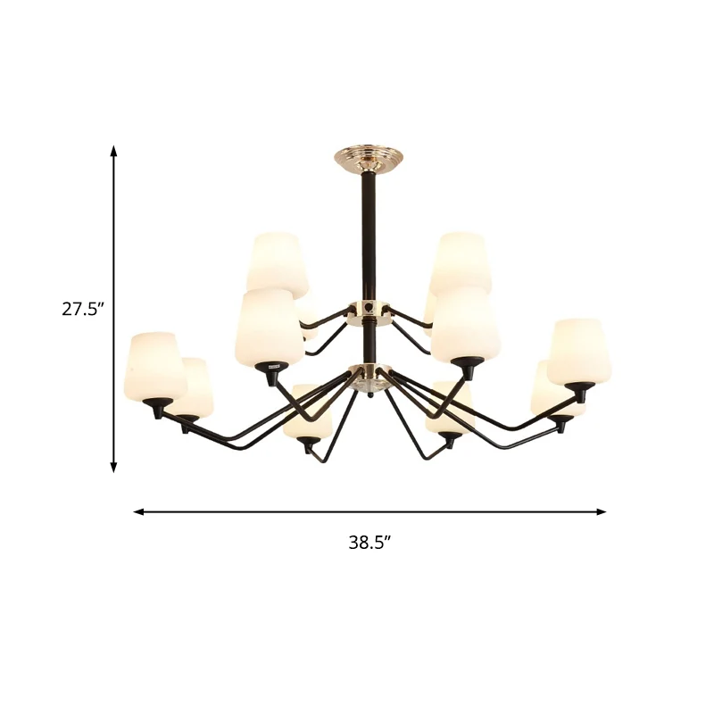 Opaalglas zwarte hanglamp Sputnik 12-lichts traditionele kroonluchterlamp met bekerkap Clearhalo